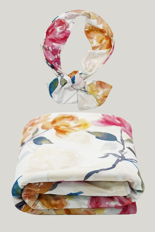Soft Breathable Bamboo Viscose Newborn Blanket Swaddle With Headband Floral Print-2316340039