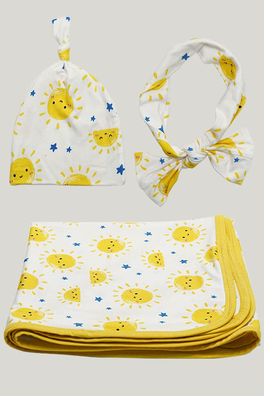 Soft Breathable Bamboo Viscose Newborn Blanket Swaddle Three-Piece Set Smiling Sun Pattern-2416340033