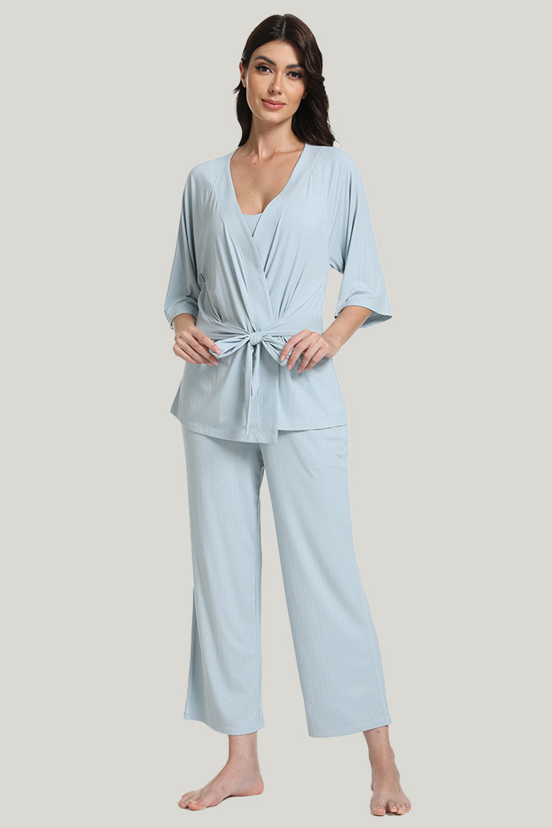 Tie Bamboo Women’s Knit Mid-sleeve Robe Pajamas Set-2311820086