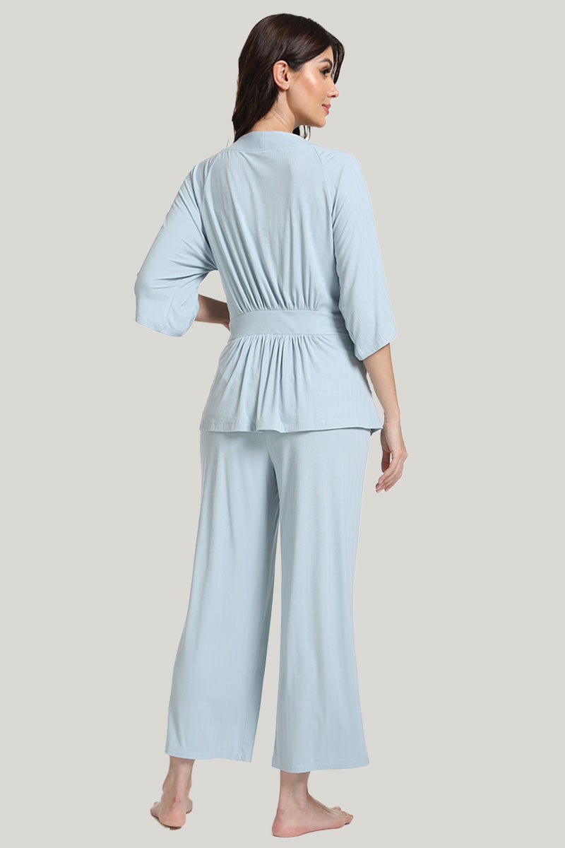 Tie Bamboo Women’s Knit Mid-sleeve Robe Pajamas Set-2311820086
