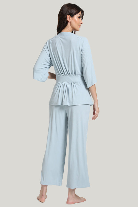 Tie Bamboo Women’s Knit Mid-sleeve Robe Pajamas Set-2311820086