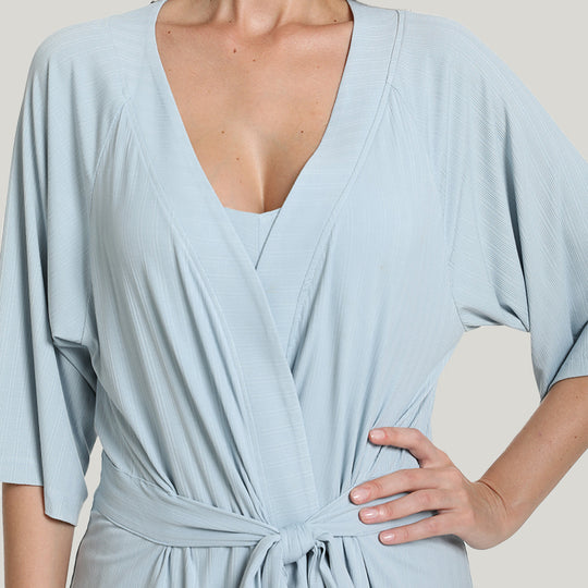 Tie Bamboo Women’s Knit Mid-sleeve Robe Pajamas Set-2311820086