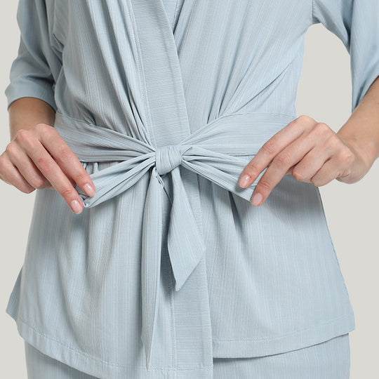 Tie Bamboo Women’s Knit Mid-sleeve Robe Pajamas Set-2311820086