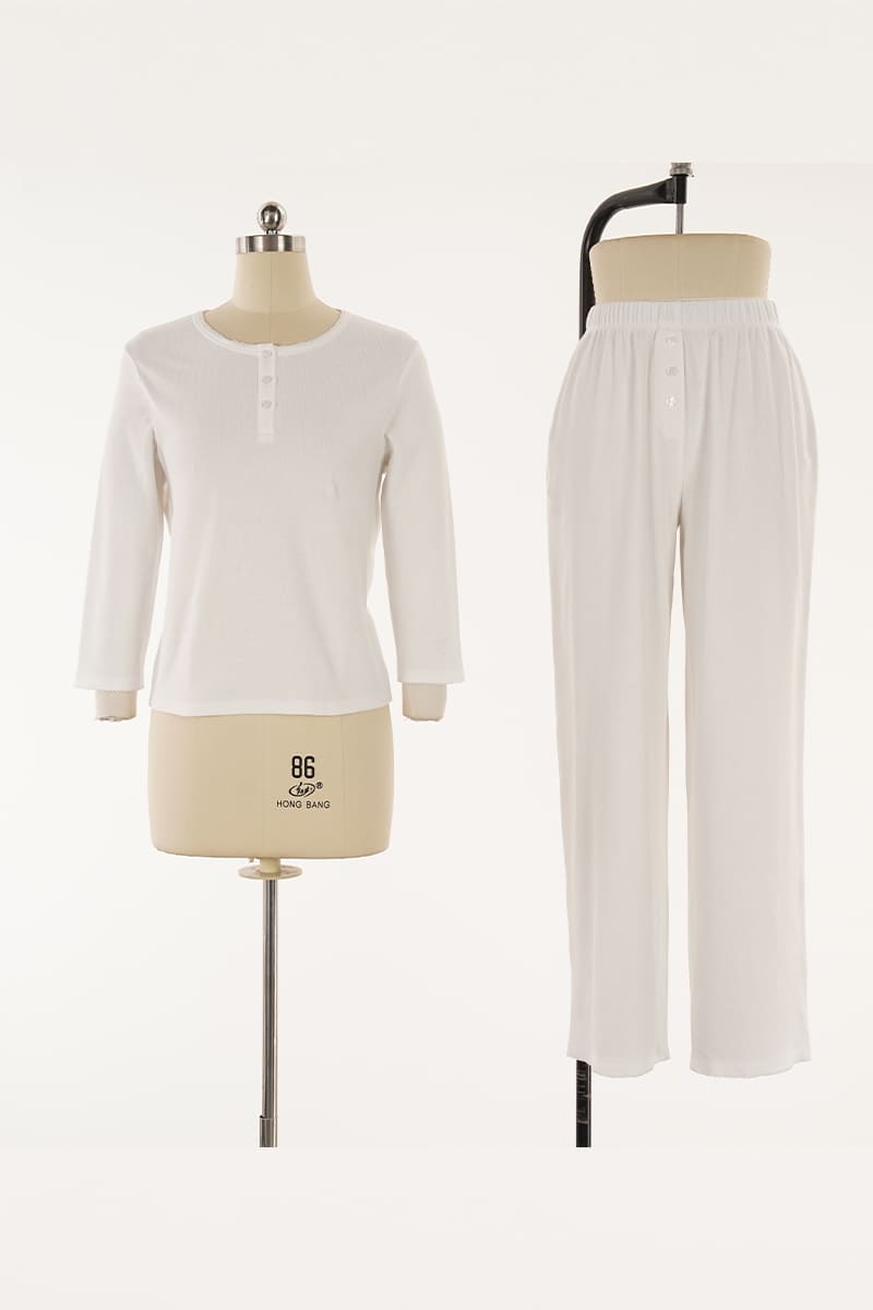 White Rib-Knit Button-Front 2-Piece Pajama Set Factory