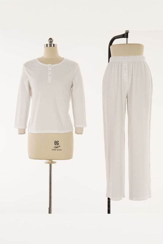 White Rib-Knit Button-Front 2-Piece Pajama Set Factory