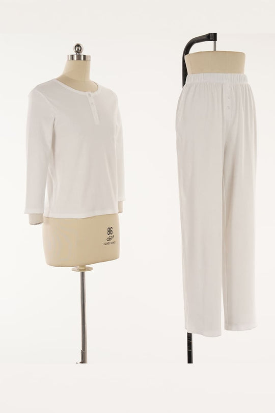 White Rib-Knit Button-Front 2-Piece Pajama Set Factory-2516830103