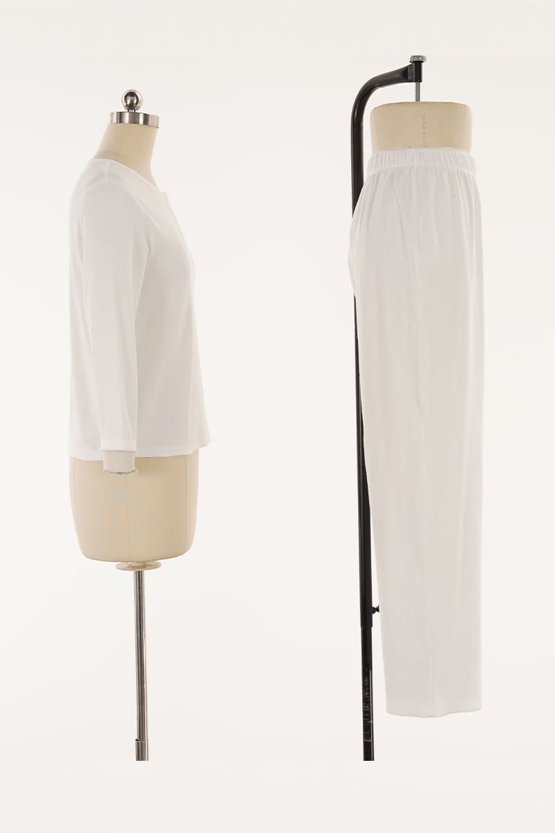 White Rib-Knit Button-Front 2-Piece Pajama Set Factory-2516830103