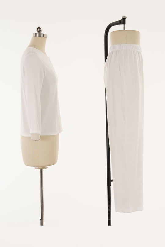 White Rib-Knit Button-Front 2-Piece Pajama Set Factory-2516830103