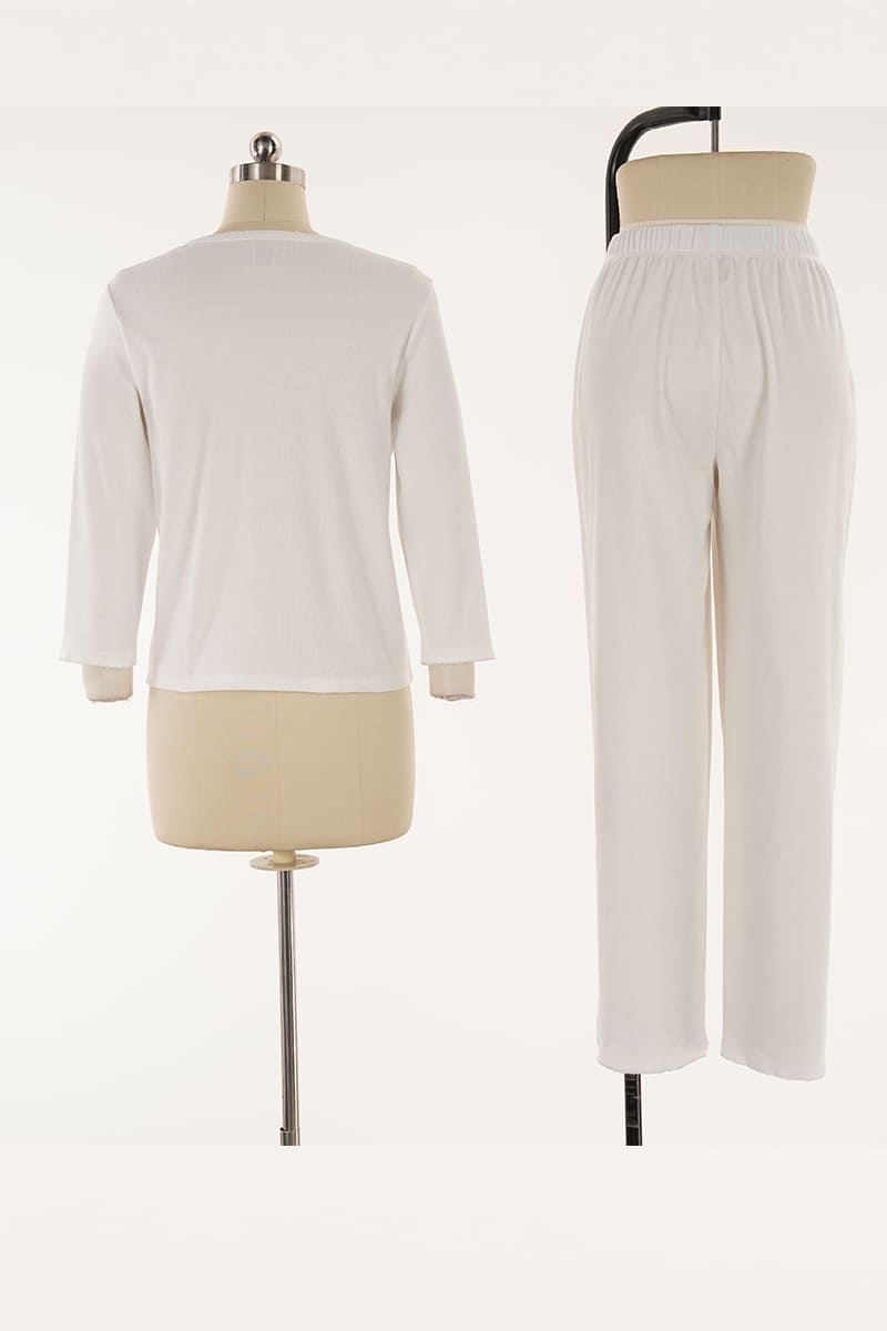 White Rib-Knit Button-Front 2-Piece Pajama Set Factory-2516830103