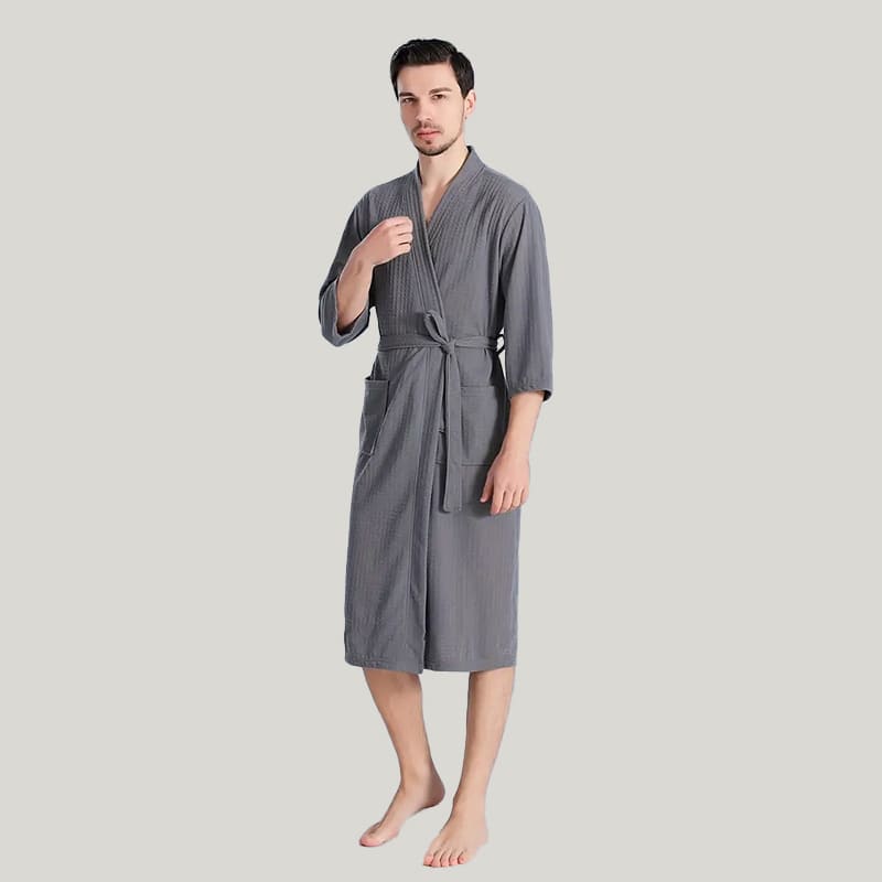 Comfortable Men'S Waffle Three-Quarter Sleeves Robe, Classic Solid Sleepwear With Tie Waist
