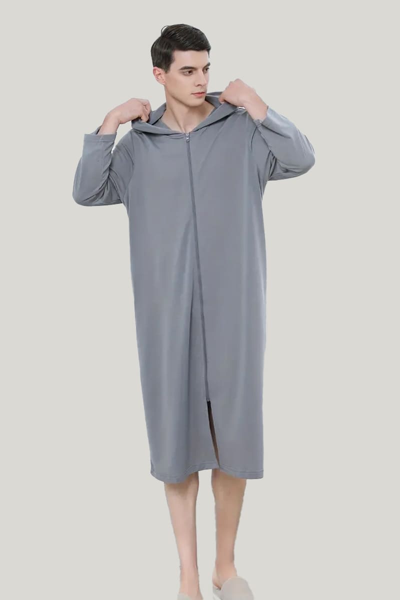 Men'S Zipper And Hooded Long-Sleeved Robe, Comfortable And Breathable Bamboo Fiber Sleepwear And Casual Pajamas