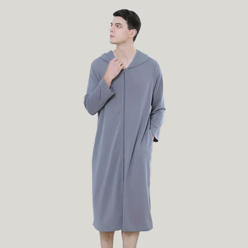 Men'S Zipper And Hooded Long-Sleeved Robe, Comfortable And Breathable Bamboo Fiber Sleepwear And Casual Pajamas