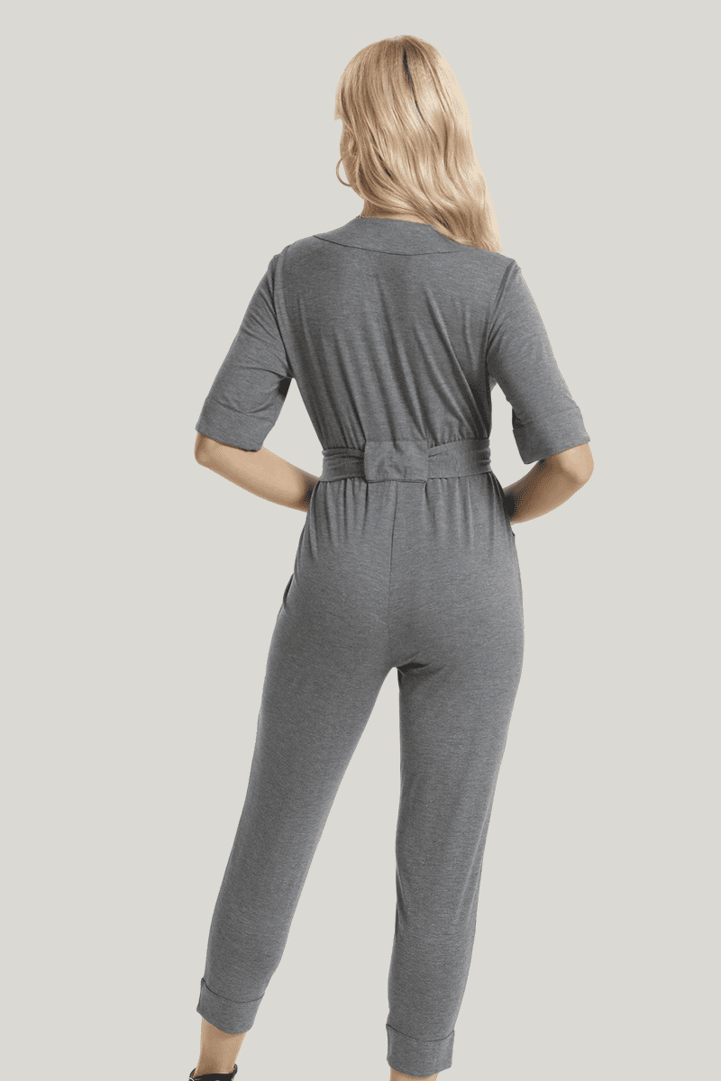 Women'S Bamboo Onesies, Short-Sleeved Long Pants Solid Color Jumpsuit