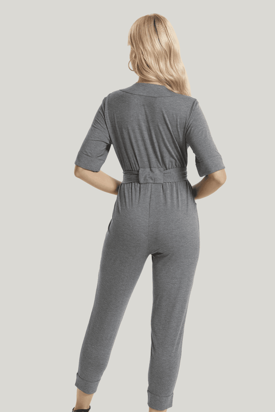 Women'S Bamboo Onesies, Short-Sleeved Long Pants Solid Color Jumpsuit