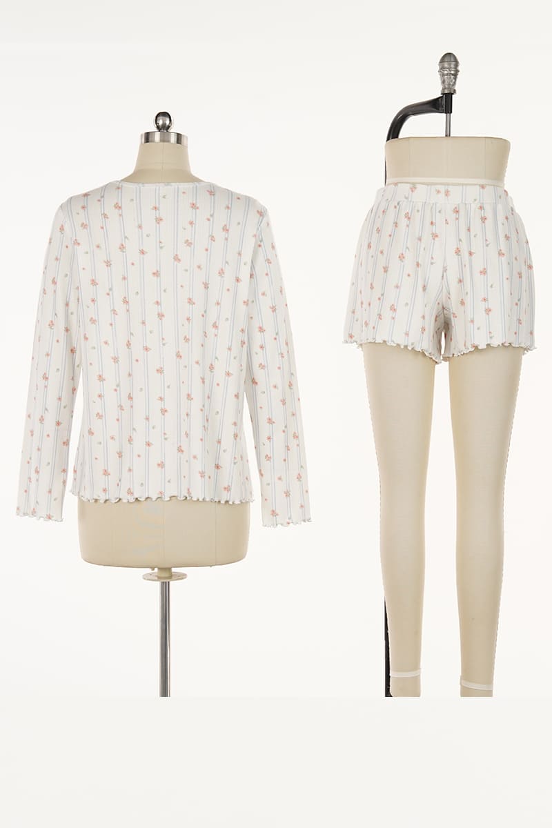 Women’S Cotton-Spandex Jacquard Long-Sleeve & Shorts Set Factory-2517190063