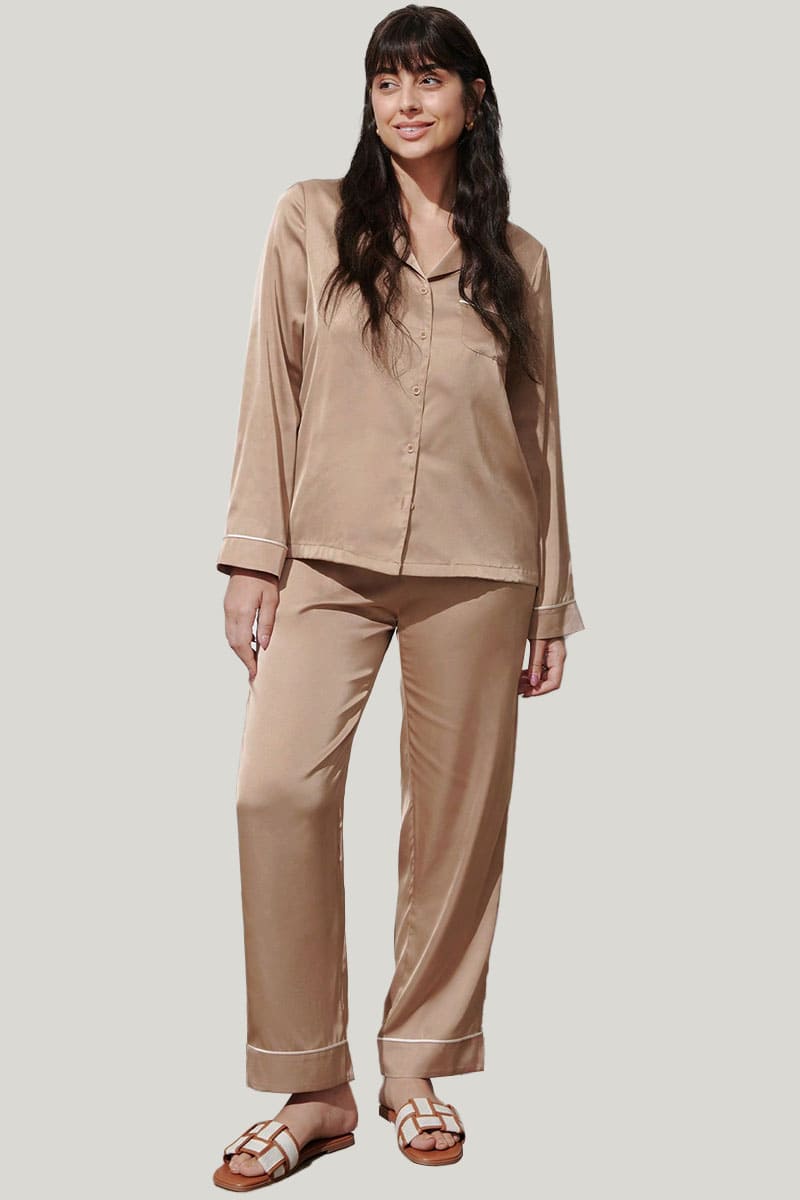 Women'S Satin Piped Pajamas Set Custom And Wholesale, Pajamas Set Manufacturing Supplier
