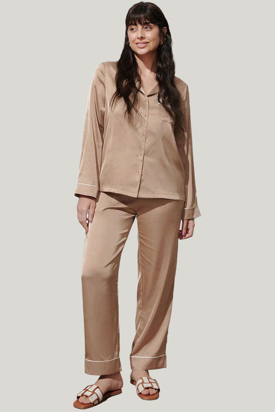 Women'S Satin Piped Pajamas Set Custom And Wholesale, Pajamas Set Manufacturing Supplier
