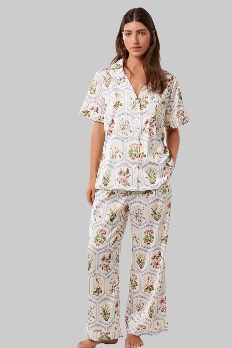 Women'S Short Sleeve Long Pants Piped Pj Sets Factory