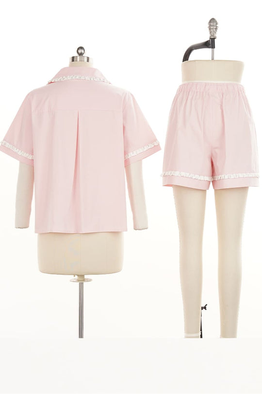 Women’S Woven Cotton Satin Short-Sleeve & Shorts Set Factory-2517830037
