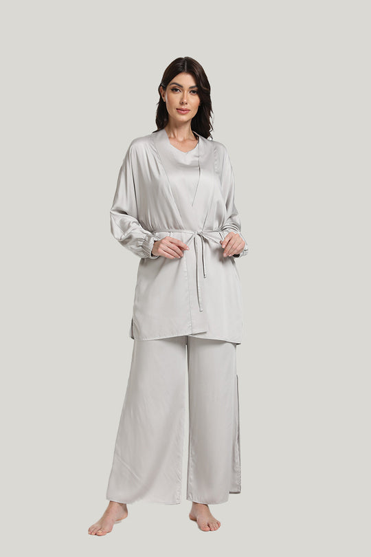 Tie Big Collar Women’s Knit Long-sleeve Multi-piece Bamboo Pajamas Set-2313810109