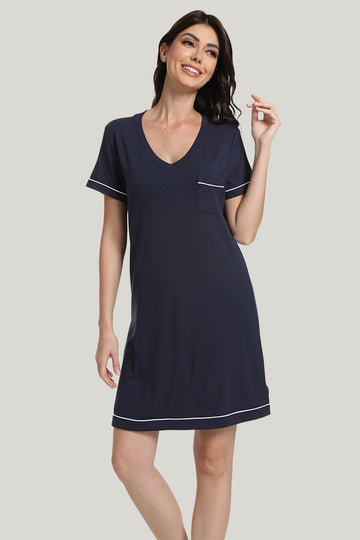 V-neck Pocket Women’s Knit Short-sleeve Sarcandra Glaber Nightgown-2313810115