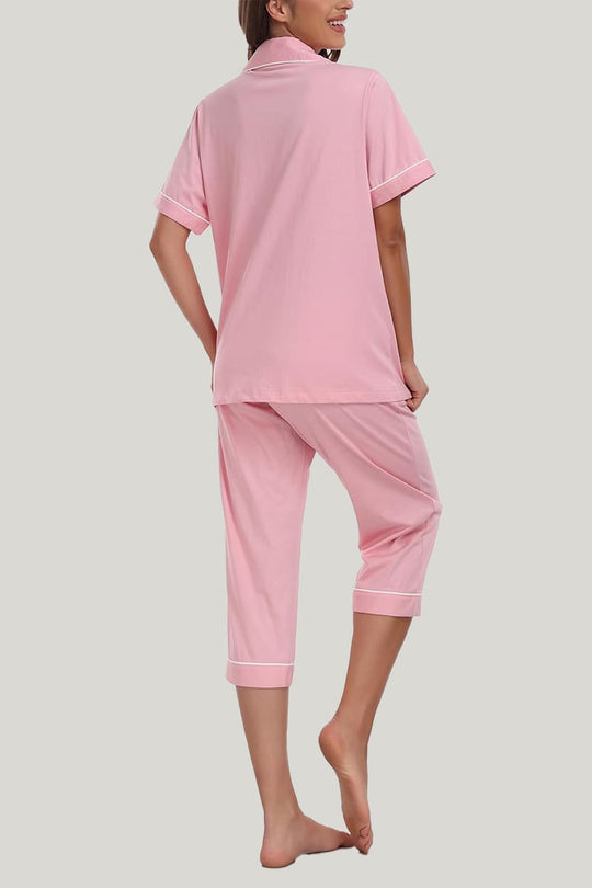 Women's Piping Pajamas Set Pink Short Sleeves Cropped Trousers With Pockets On The Top And Bottom
