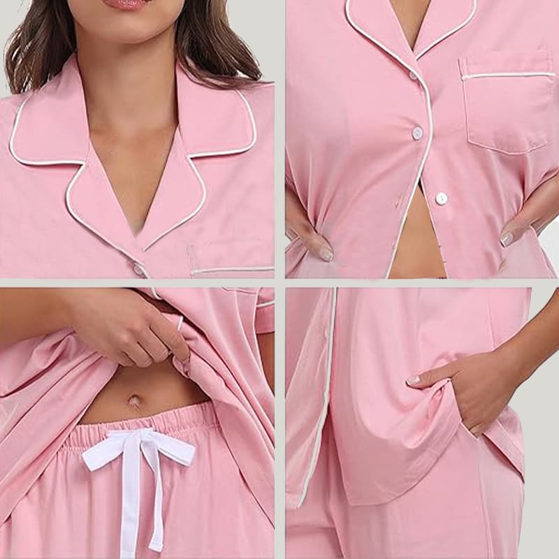 Women's Piping Pajamas Set Pink Short Sleeves Cropped Trousers With Pockets On The Top And Bottom