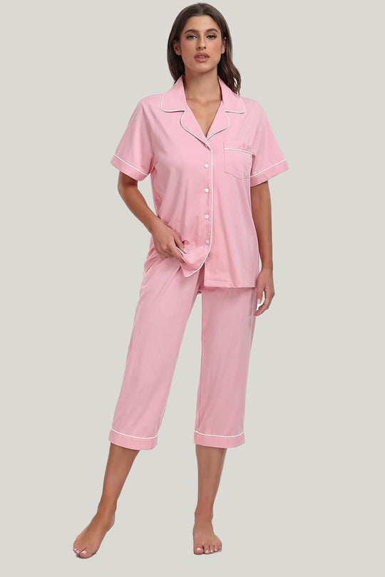 Women's Piping Pajamas Set Pink Short Sleeves Cropped Trousers With Pockets On The Top And Bottom
