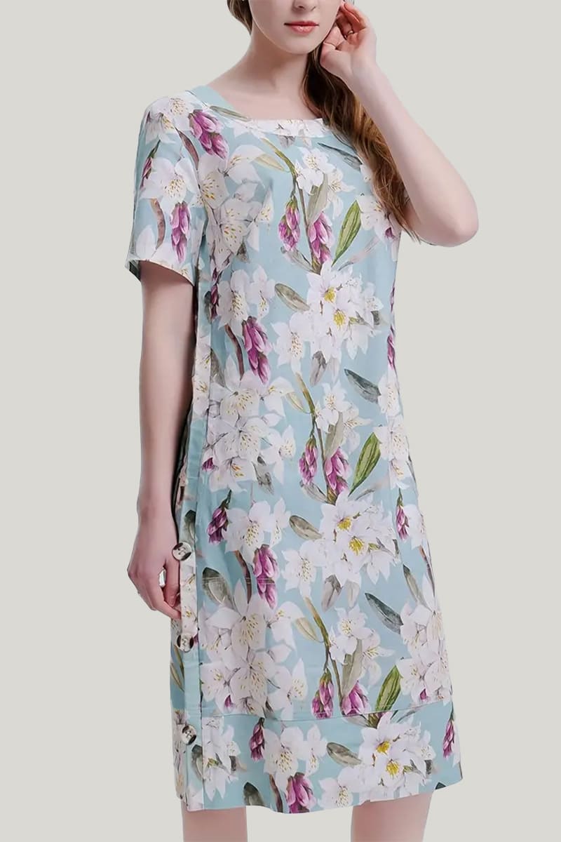 Comfortable And Breathable Women'S Pajamas, Solid Color Linen Slim Half-Sleeved Nightdress