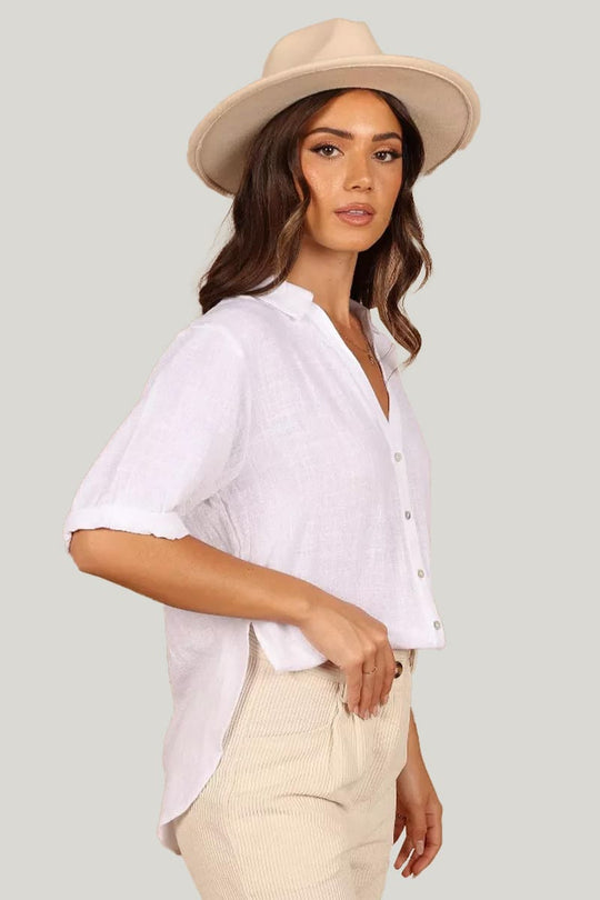 V-Neck Casual Linen T-Shirt, Half-Sleeved T-Shirt With Slits On Both Sides