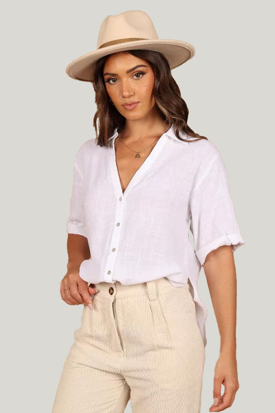 V-Neck Casual Linen T-Shirt, Half-Sleeved T-Shirt With Slits On Both Sides