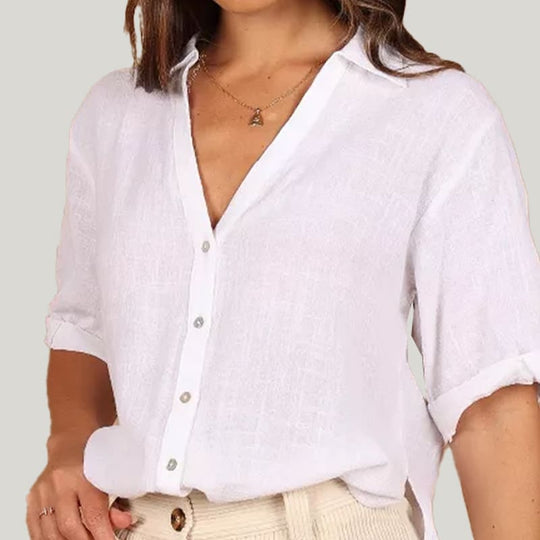 V-Neck Casual Linen T-Shirt, Half-Sleeved T-Shirt With Slits On Both Sides