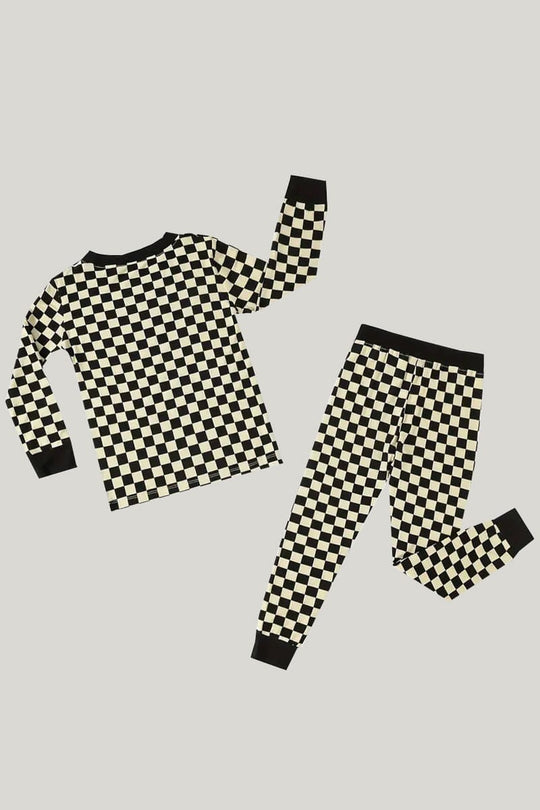 Soft Breathable Bamboo Fiber Two-Piece Toddler Pajamas Black And White Checkered Pattern